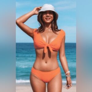 Dot Texture Bunny Tie Cap Sleeve bikini set by Cupshe